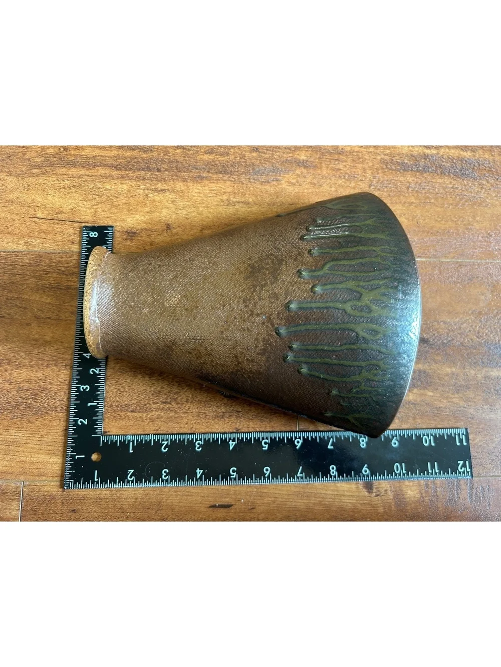 Vintage Brown Ceramic Vase with Green Drip Glaze and Decorative Handles